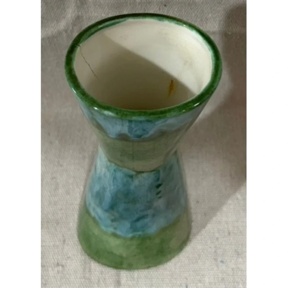Vintage Yona Ceramic Hourglass Vase Green Turquoise Drip Glaze MCM Pottery 6.5